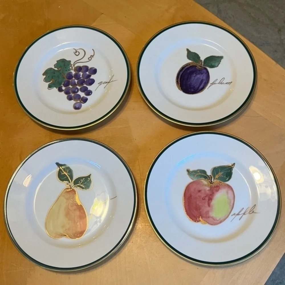 Crate & Barrel Fruit Plates 8” Set of Four, Apple, Pear, Plum, Grapes